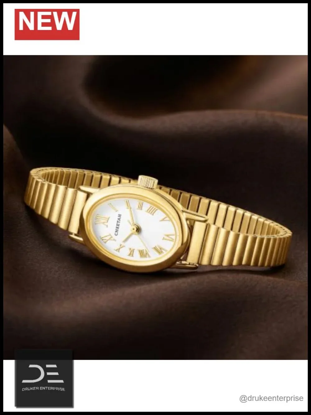 Dainty Gold Watches with Stainless Steel Expansion Band, Small Oval Case, Roman